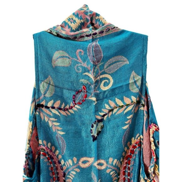 RAJ Imports Boho Embroidered Long Vest Dk Turquoise Vest Fringe 1 Size Layla - Picture 4 of 5